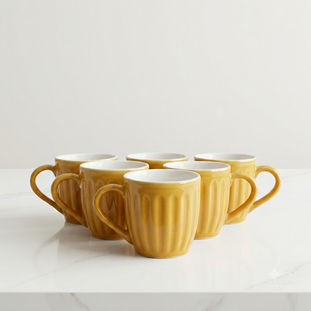 Orange Pop Ribbed Ceramic Mug Set-180ml-Set of 6