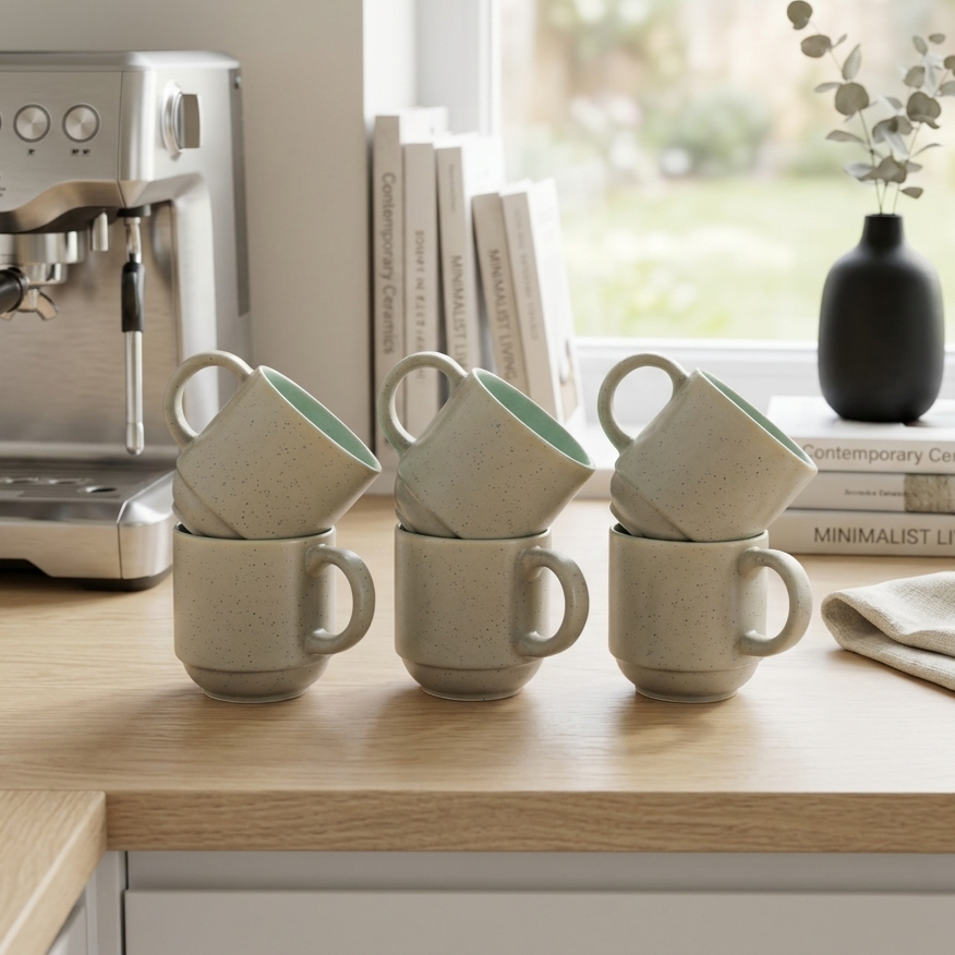 Speckled Beige & Mint Ceramic Mug Set of 6