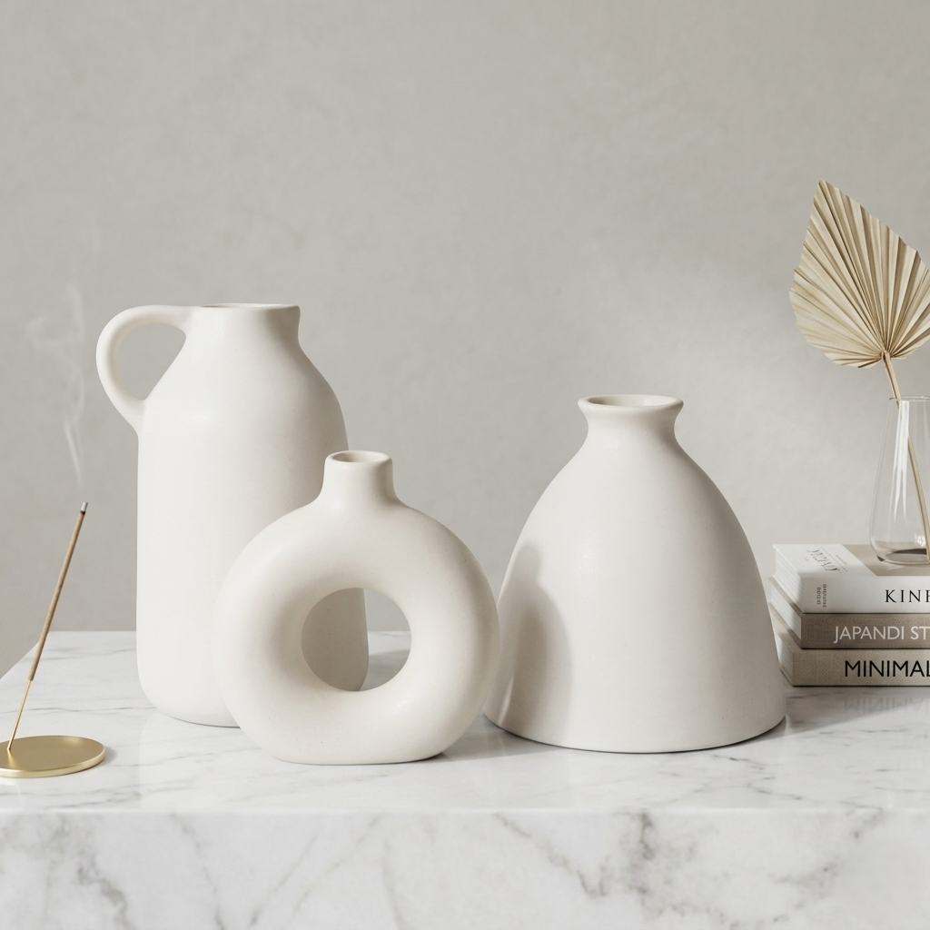 White Nordic Minimalist Ceramic Vase Set | Donut, Jug &amp; Bottle | Set of 3