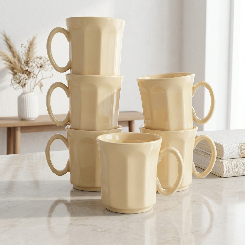 Pastel Yellow Octagonal Ceramic Mug Set-180ml-Set of 6