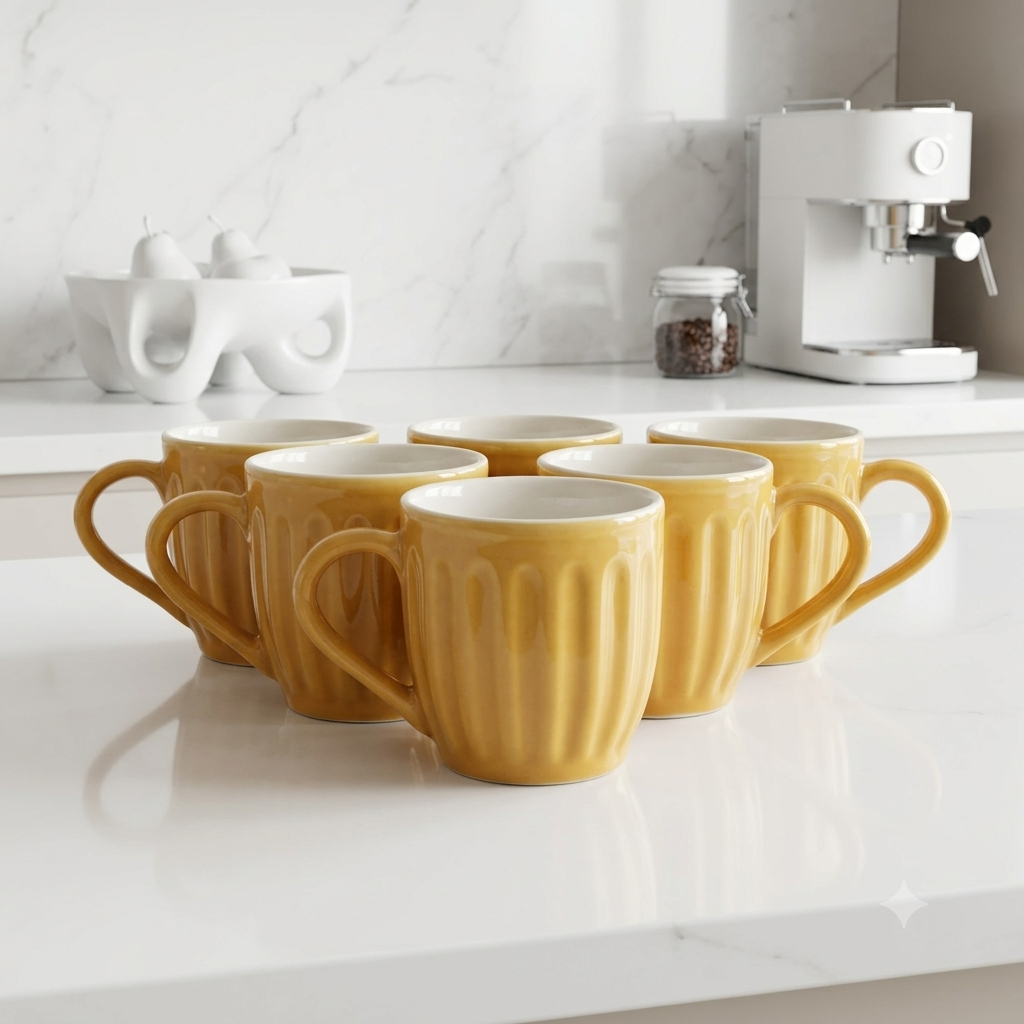Orange Pop Ribbed Ceramic Mug Set-180ml-Set of 6