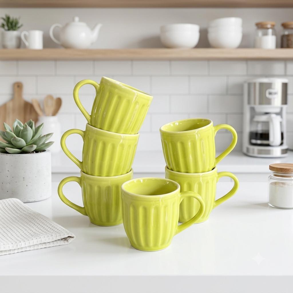 Pear Extract Ribbed Ceramic Mug Set | 180ml | Set of 6