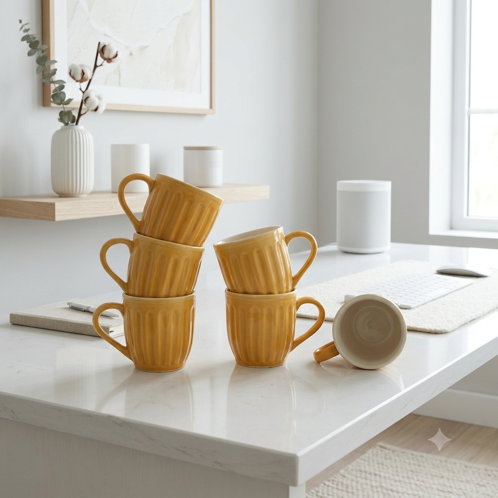 Orange Pop Ribbed Ceramic Mug Set-180ml-Set of 6
