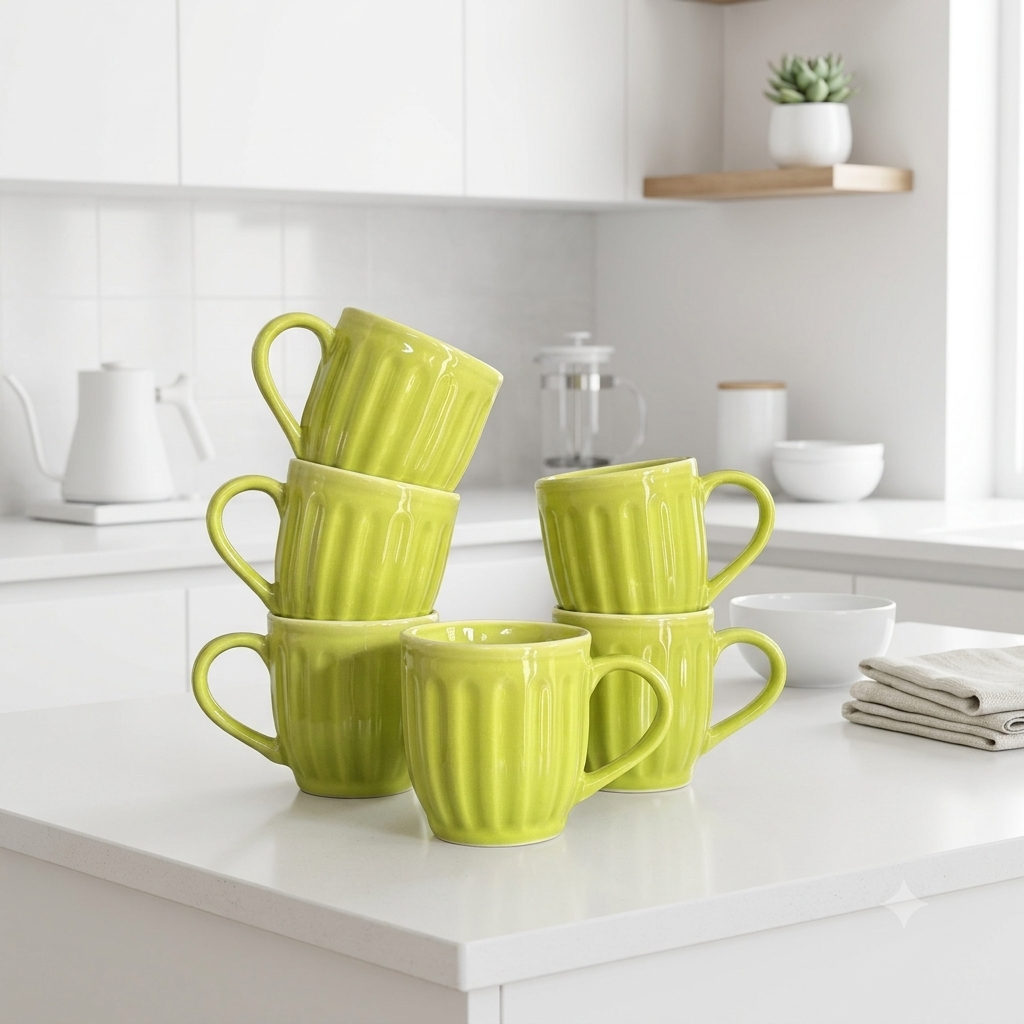 Pear Extract Ribbed Ceramic Mug Set | 180ml | Set of 6