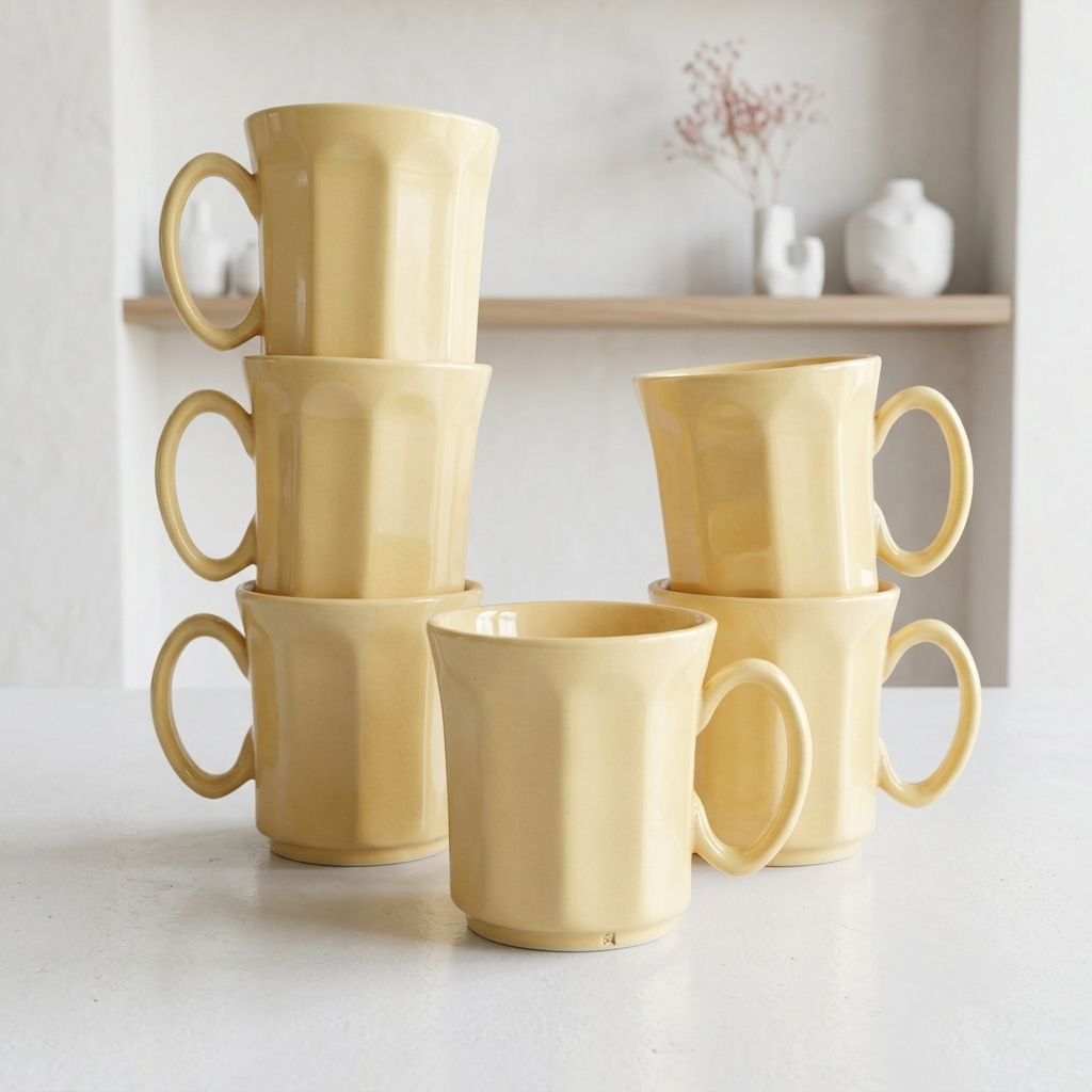 Pastel Yellow Octagonal Ceramic Mug Set-180ml-Set of 6