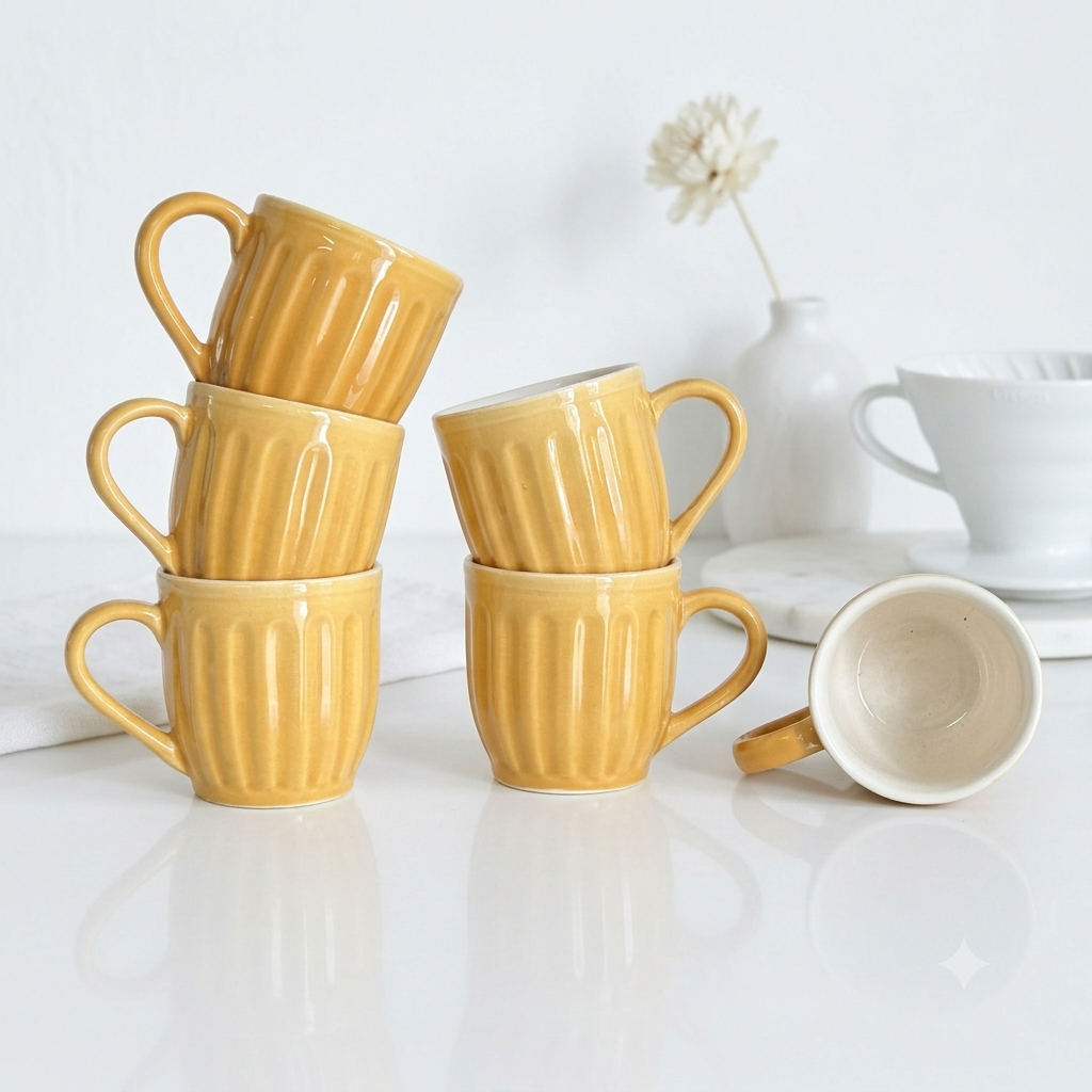 Orange Pop Ribbed Ceramic Mug Set-180ml-Set of 6