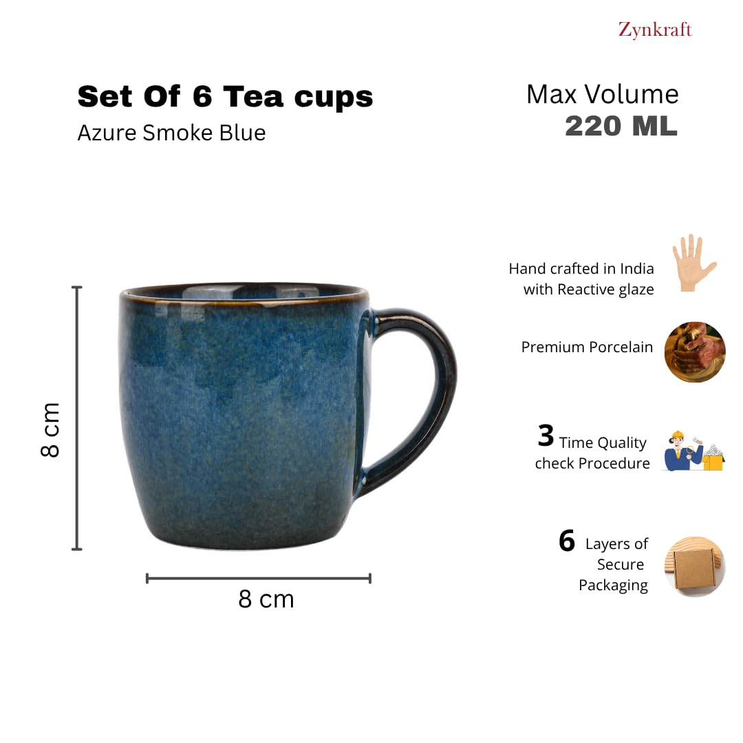 Tea Cup | Coffee Mug Porcelain Ceramic - Tea Cups Set of 6, 220ml Each (Blue)