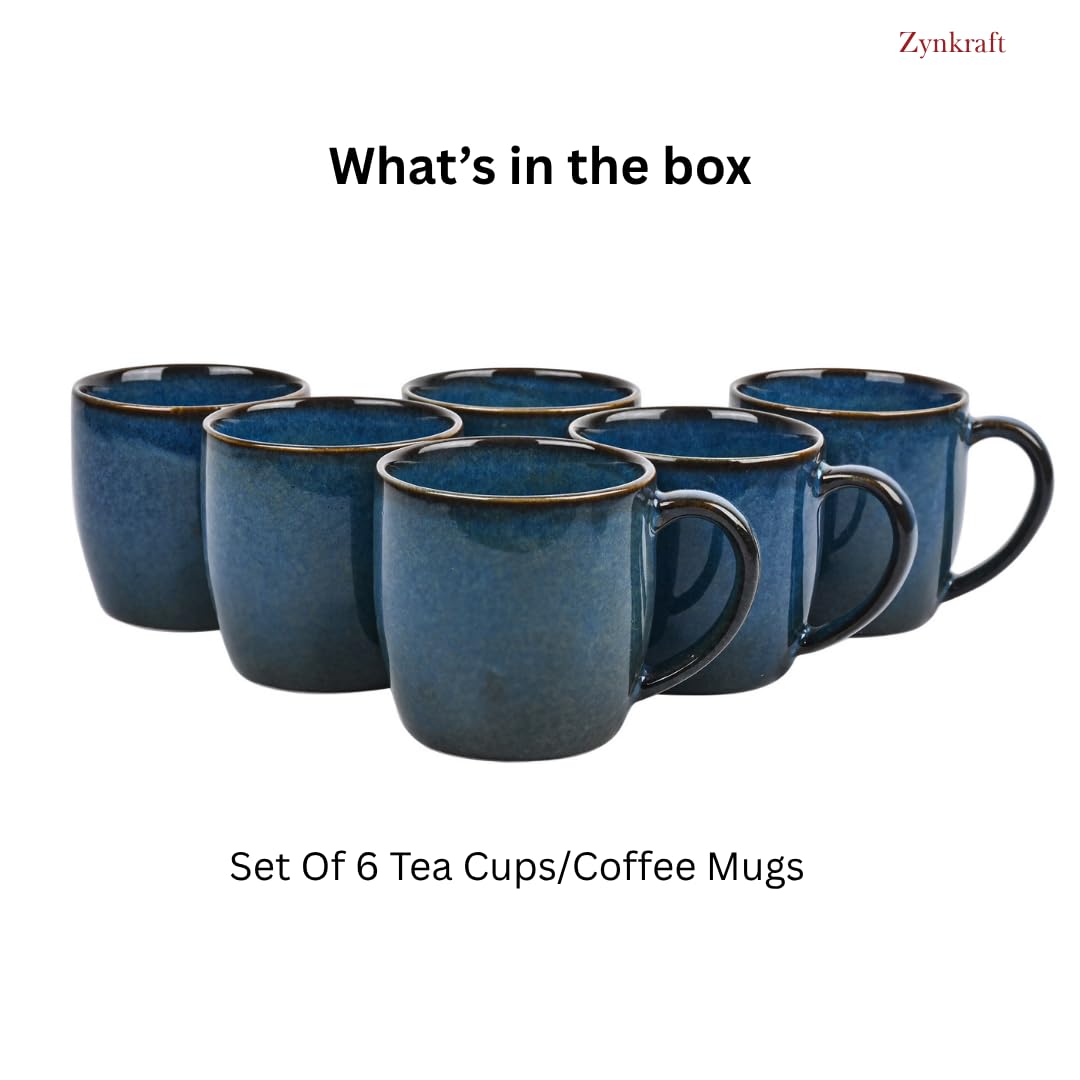 Tea Cup | Coffee Mug Porcelain Ceramic - Tea Cups Set of 6, 220ml Each (Blue)