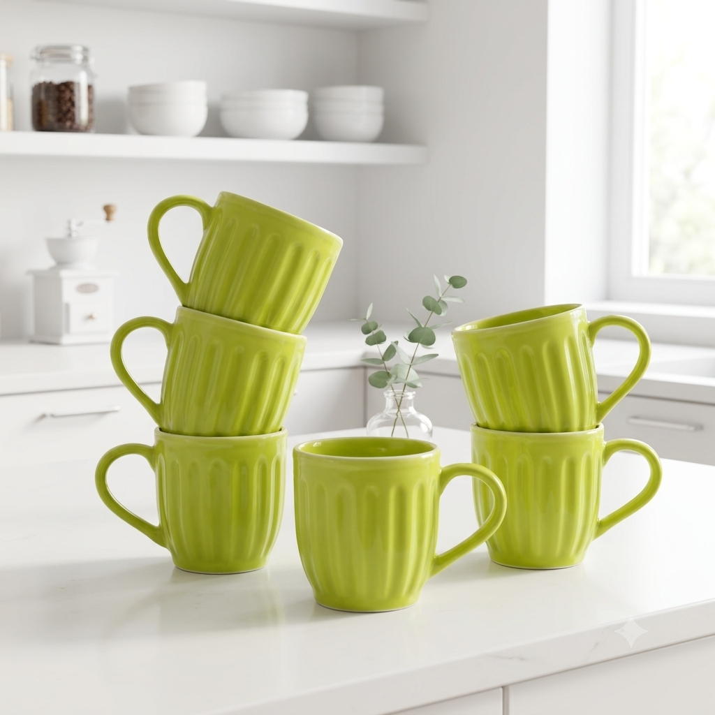 Pear Extract Ribbed Ceramic Mug Set | 180ml | Set of 6
