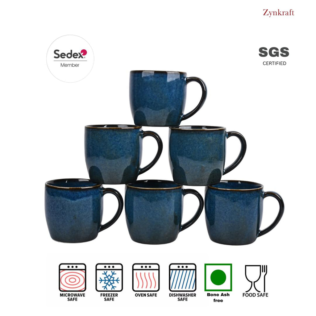 Tea Cup | Coffee Mug Porcelain Ceramic - Tea Cups Set of 6, 220ml Each (Blue)