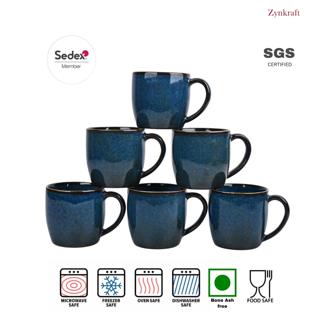 Tea Cup | Coffee Mug Porcelain Ceramic - Tea Cups Set of 6, 220ml Each (Blue)