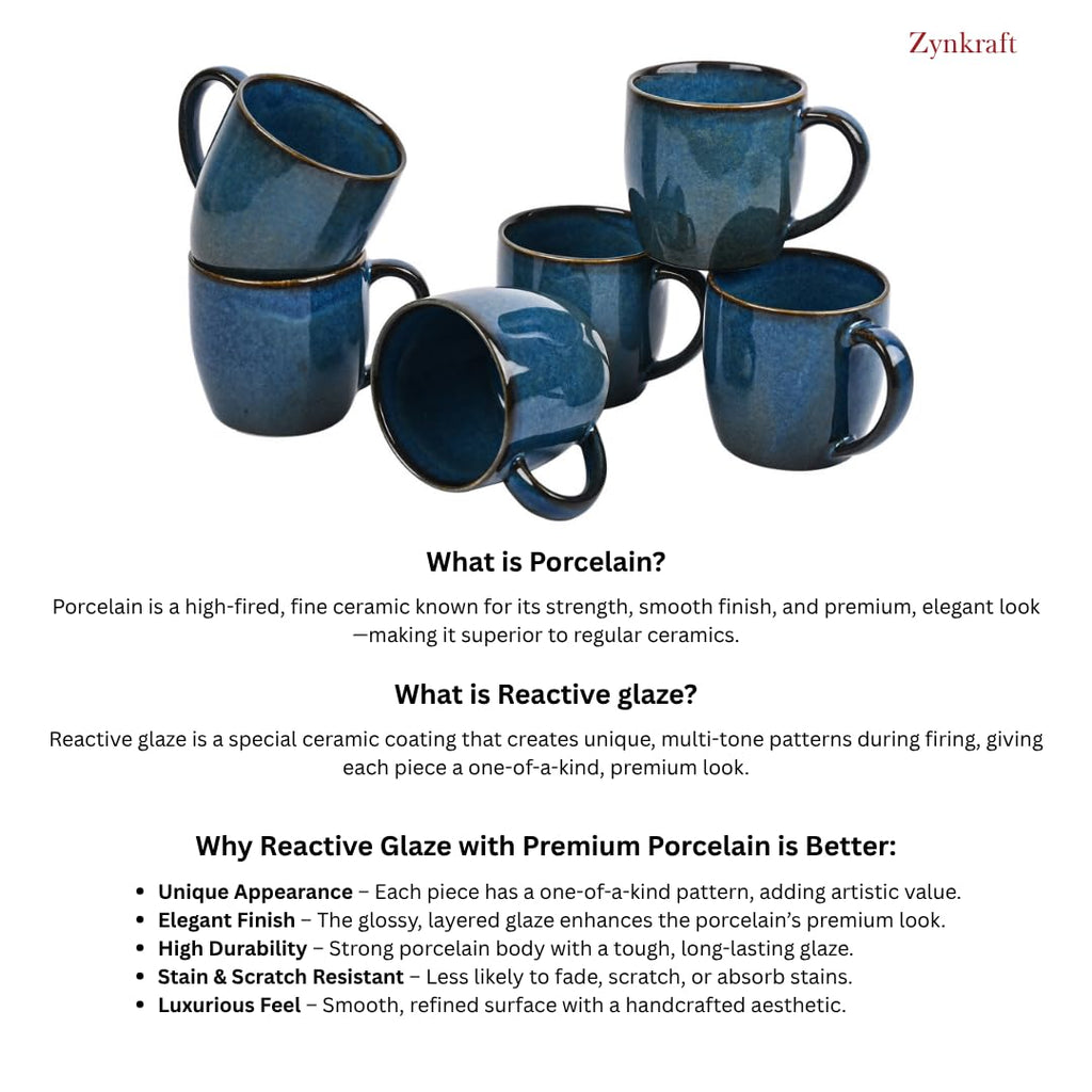 Tea Cup | Coffee Mug Porcelain Ceramic - Tea Cups Set of 6, 220ml Each (Blue)