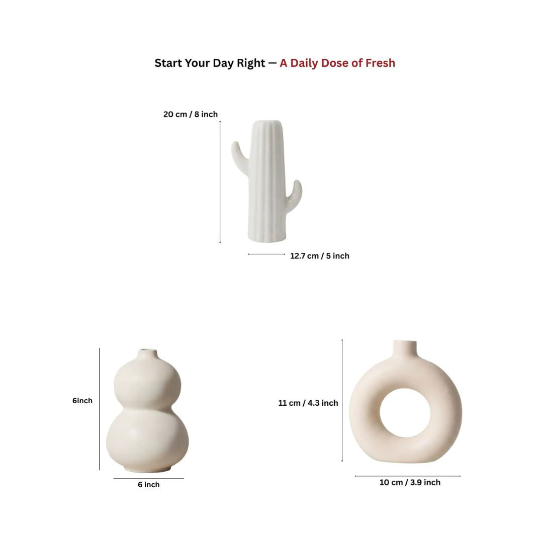 White Nordic Minimalist Ceramic Vase Set | Donut &amp; Abstract | Set of 3