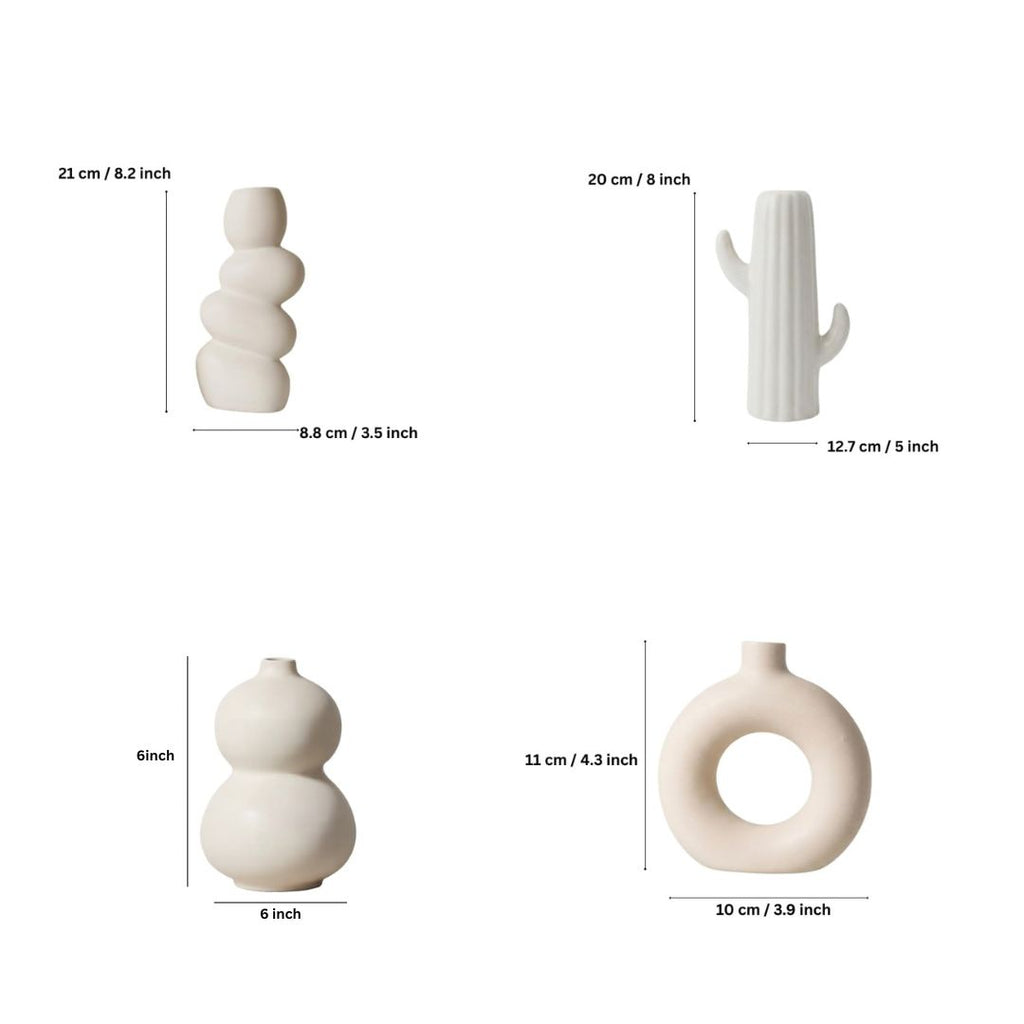 White Speckled Ceramic Vase Set | Donut, Bubble, Twisted &amp; Cactus | Set of 4
