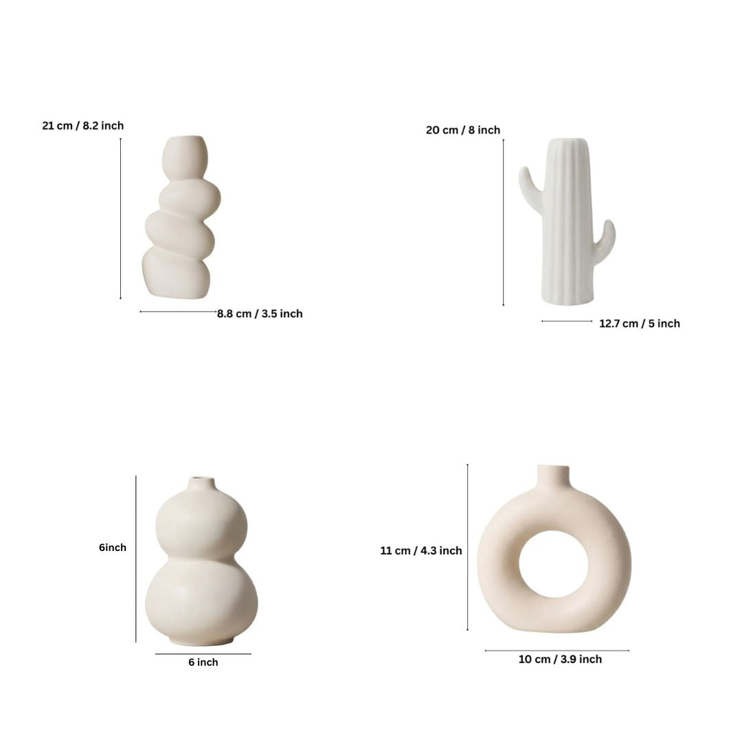 White Speckled Ceramic Vase Set | Donut, Bubble, Twisted &amp; Cactus | Set of 4