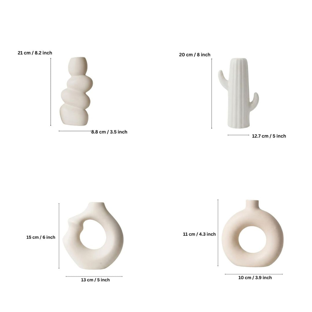 White Minimalist Ceramic Vase Set | Donut, Bubble &amp; Cactus | Set of 4
