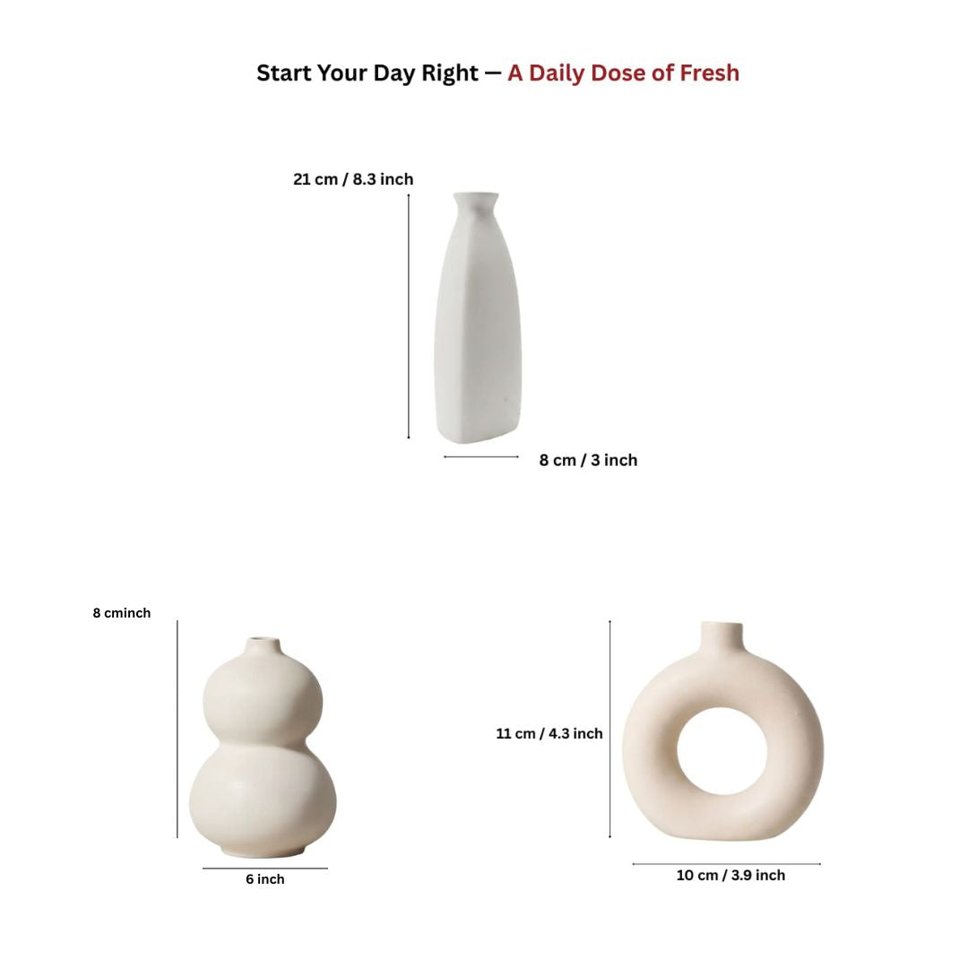 White Nordic Minimalist Ceramic Vase Set-Donut, Bottle &amp; Bubble-Set of 3