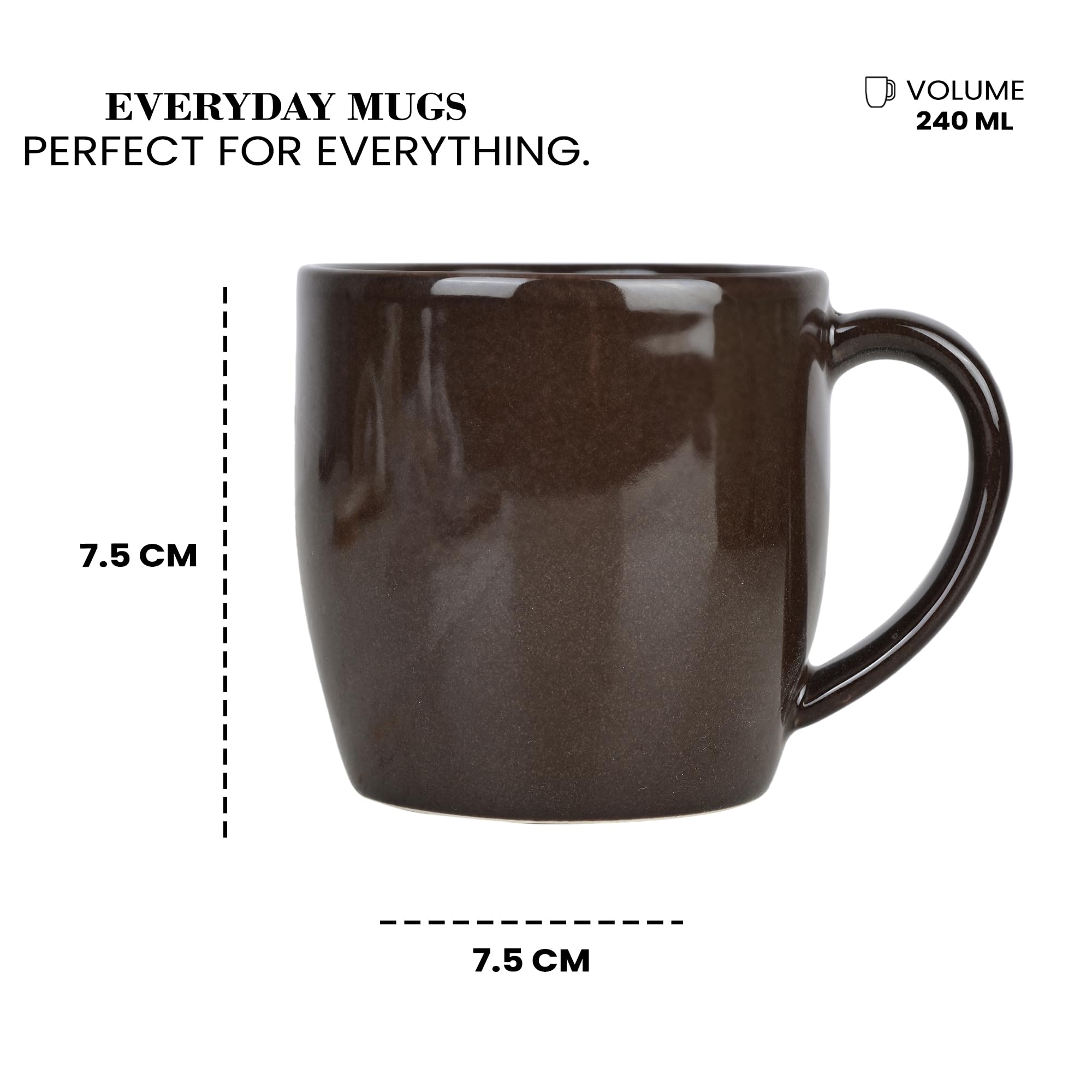 Porcelain Ceramic Tea/Coffee Mugs - Set of 6, 220ml Each (Brown)