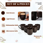 Porcelain Ceramic Tea/Coffee Mugs - Set of 6, 220ml Each (Brown)