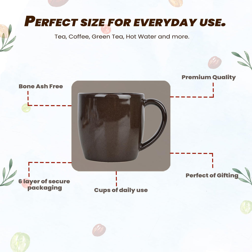 Porcelain Ceramic Tea/Coffee Mugs - Set of 6, 220ml Each (Brown)