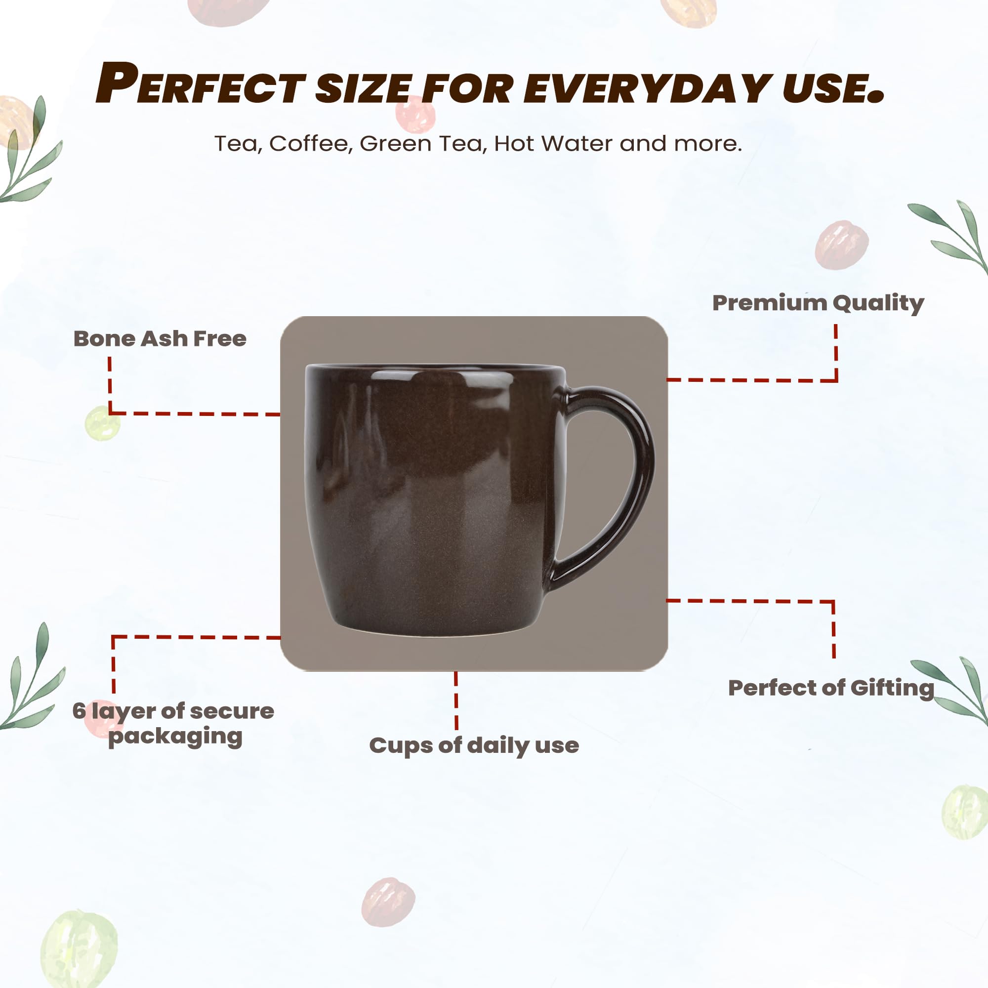 Porcelain Ceramic Tea/Coffee Mugs - Set of 6, 220ml Each (Brown)