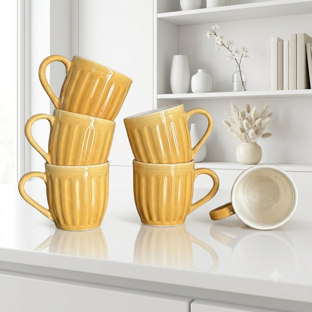 Orange Pop Ribbed Ceramic Mug Set-180ml-Set of 6