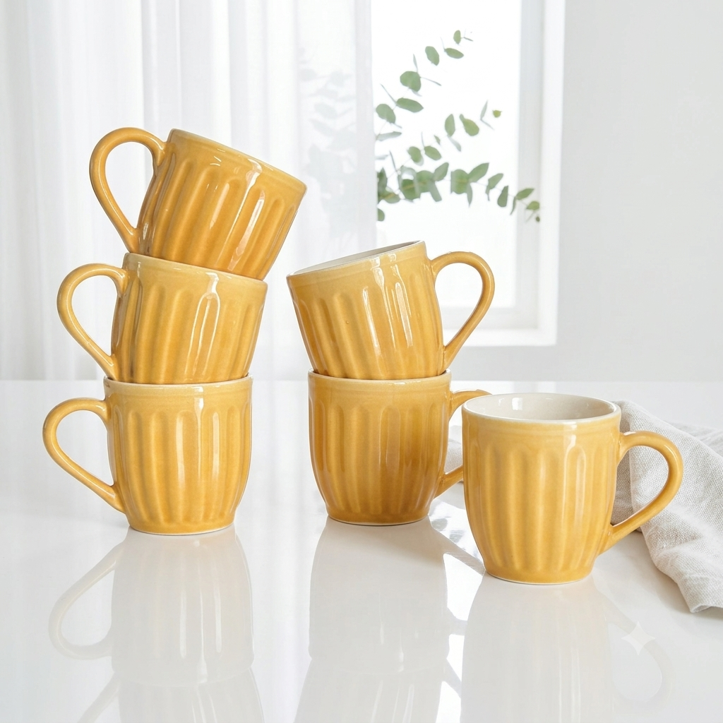 Orange Pop Ribbed Ceramic Mug Set-180ml-Set of 6