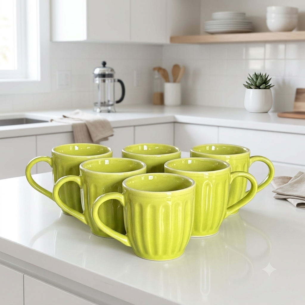 Pear Extract Ribbed Ceramic Mug Set | 180ml | Set of 6