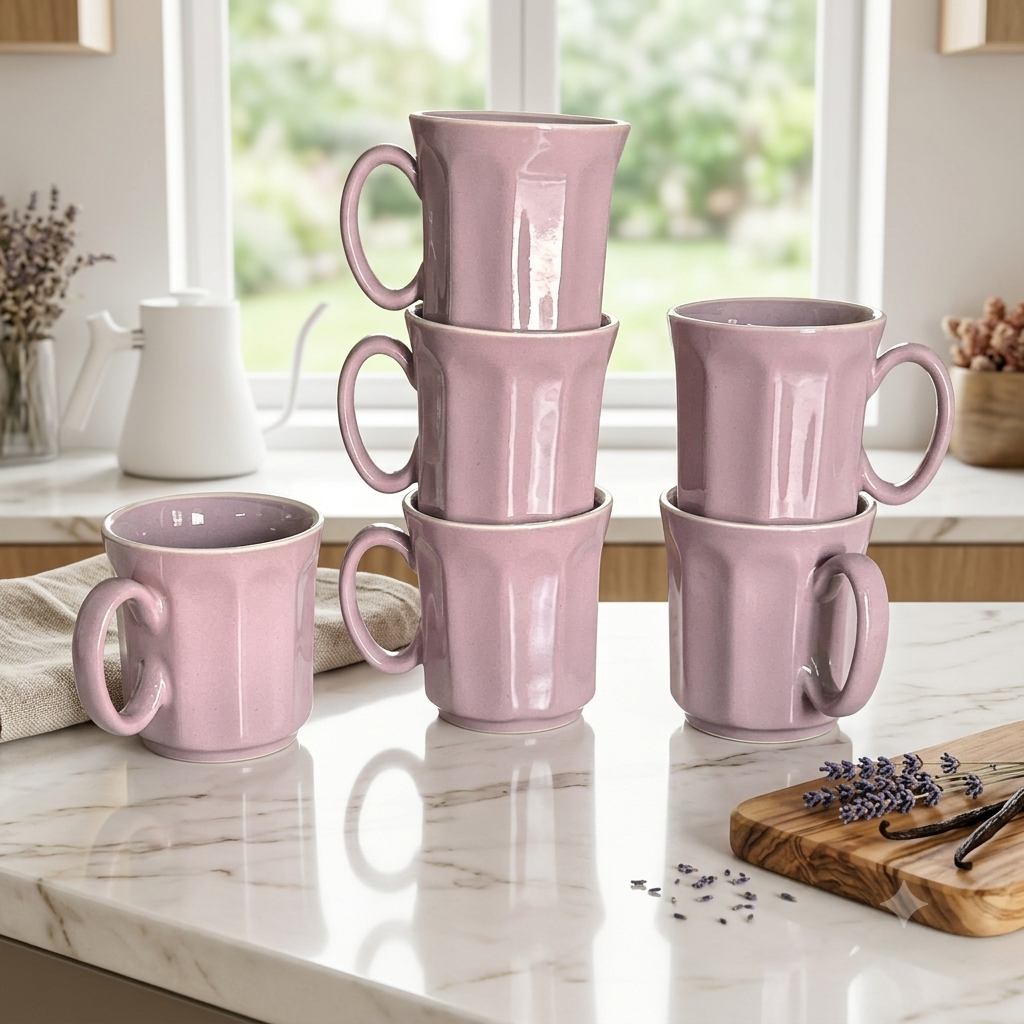 Pastel Purple Octagonal Ceramic Mug Set-180ml-Set of 6