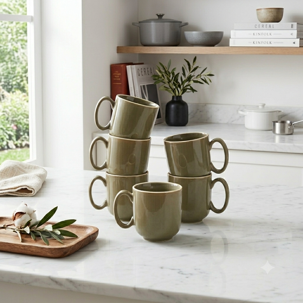 Green Glossy Ceramic Mug Set of 6-200ml