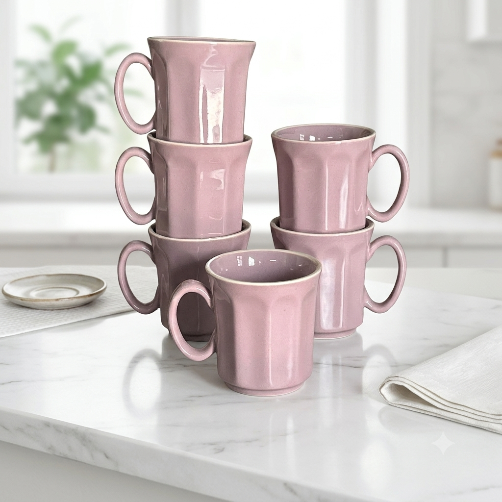 Pastel Purple Octagonal Ceramic Mug Set-180ml-Set of 6