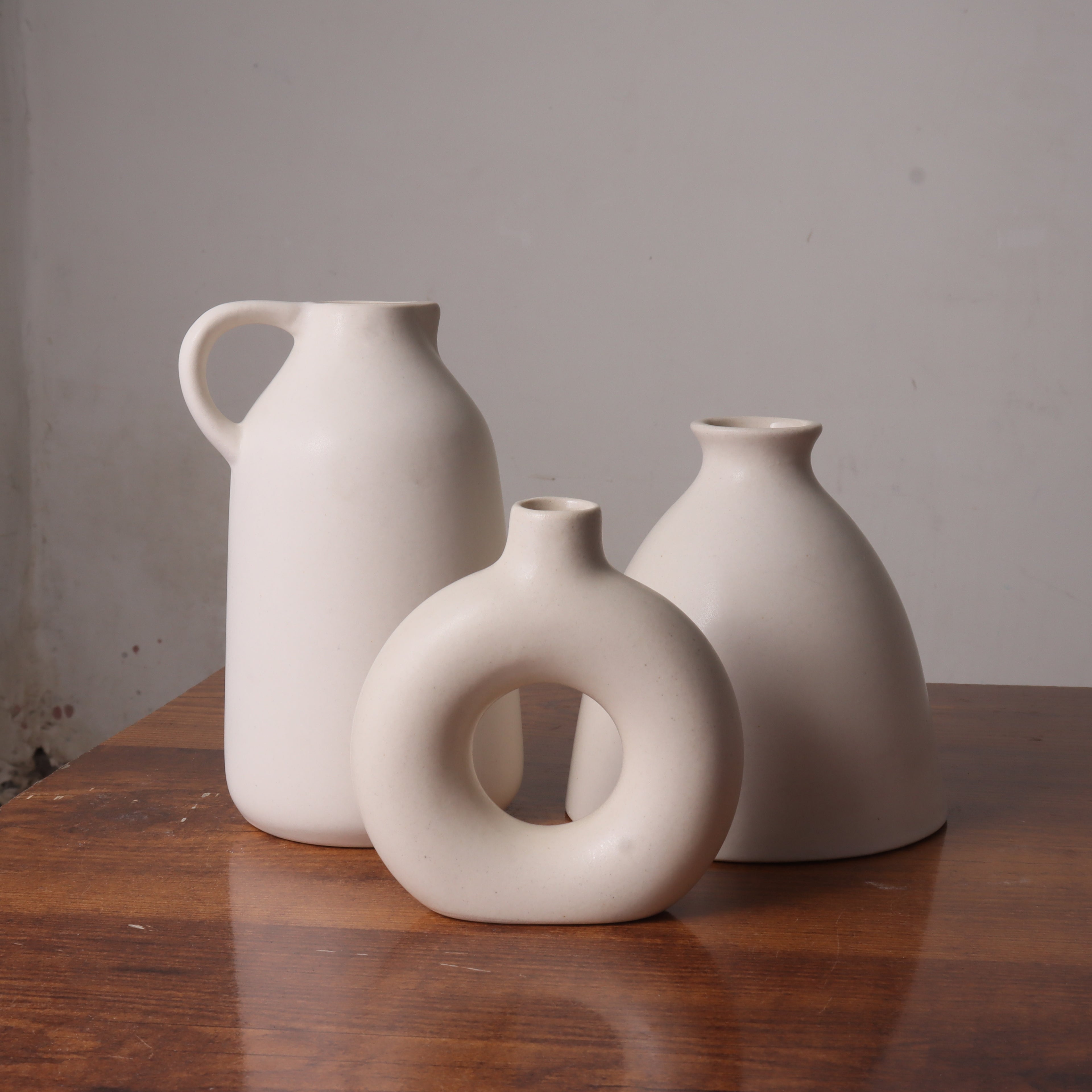 White Nordic Minimalist Ceramic Vase Set | Donut, Jug &amp; Bottle | Set of 3