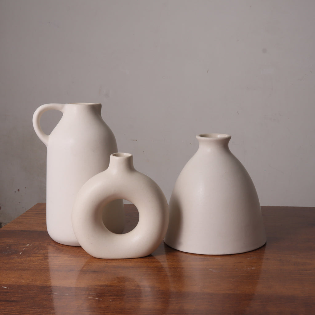White Nordic Minimalist Ceramic Vase Set | Donut, Jug &amp; Bottle | Set of 3