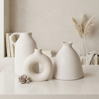 White Nordic Minimalist Ceramic Vase Set | Donut, Jug &amp; Bottle | Set of 3