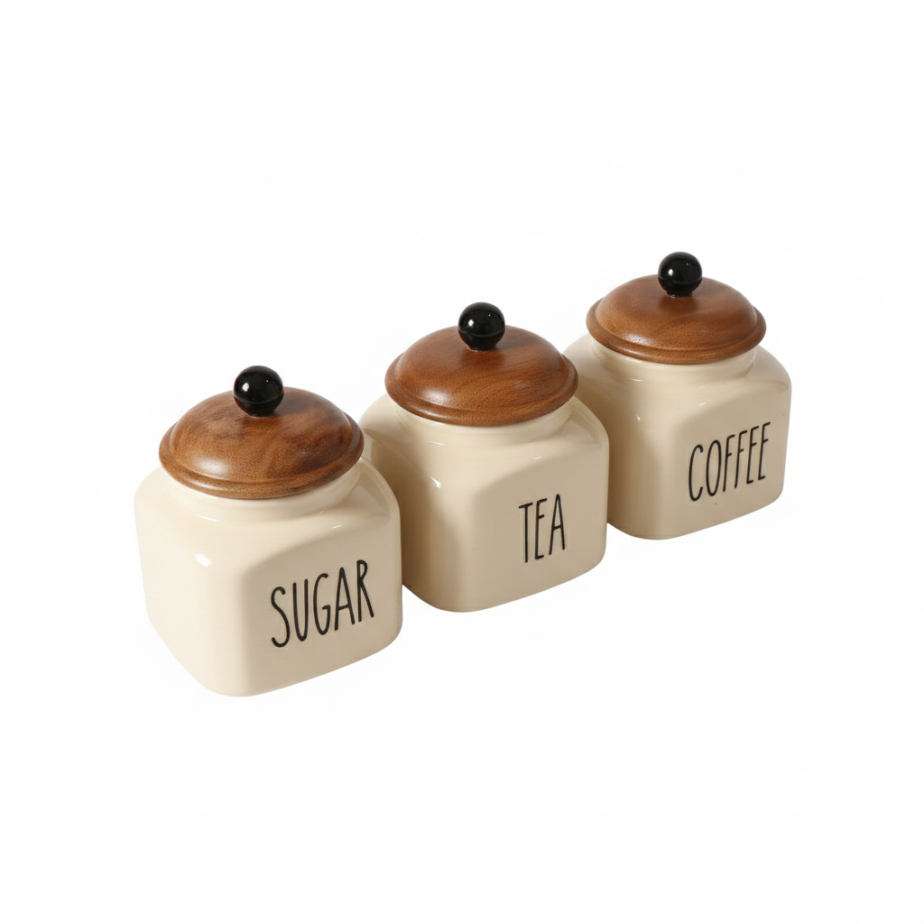 Ceramic Sugar Jar with Wooden Lid | 600ml | Airtight Kitchen Storage