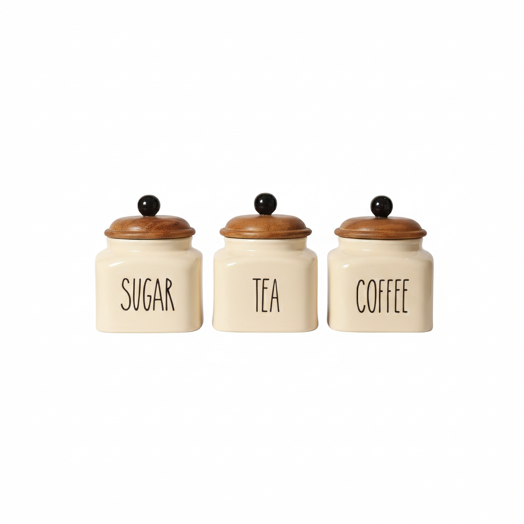 Ceramic Sugar Jar with Wooden Lid | 600ml | Airtight Kitchen Storage