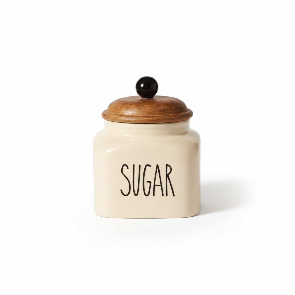 Ceramic Sugar Jar with Wooden Lid | 600ml | Airtight Kitchen Storage