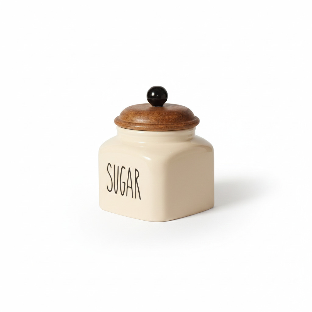 Ceramic Sugar Jar with Wooden Lid | 600ml | Airtight Kitchen Storage