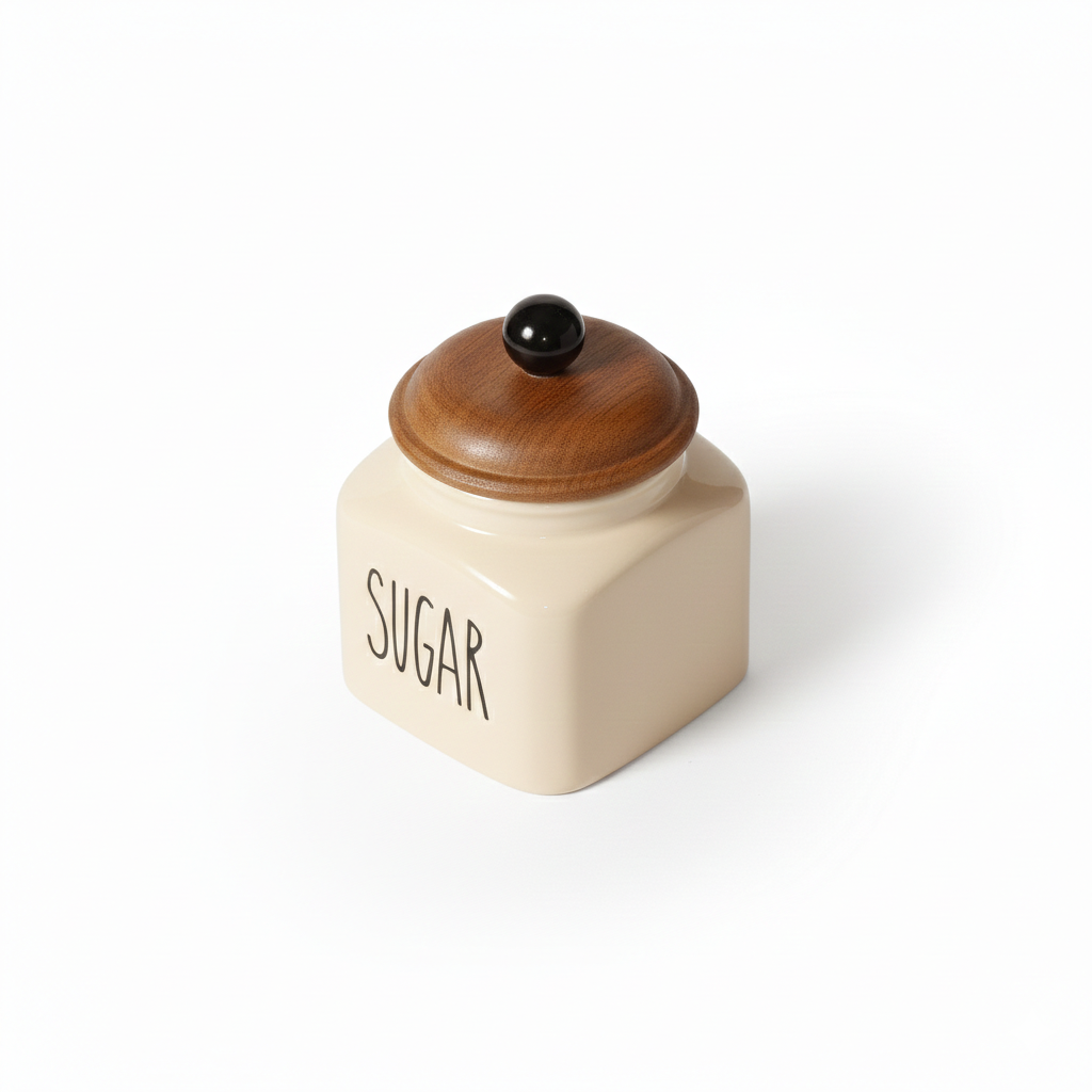 Ceramic Sugar Jar with Wooden Lid | 600ml | Airtight Kitchen Storage