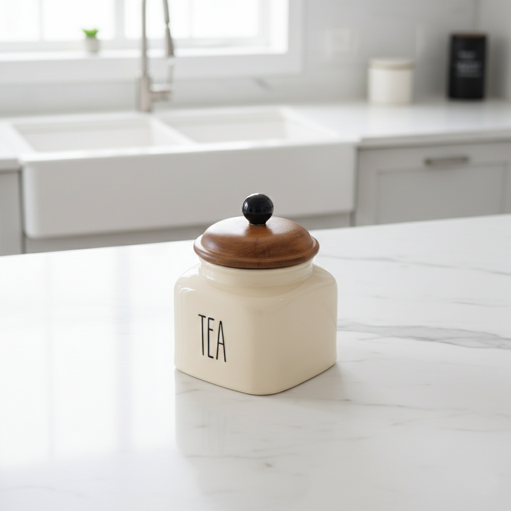 Ceramic Tea Jar Container Airtight Kitchen Storage– 600ml, Beige