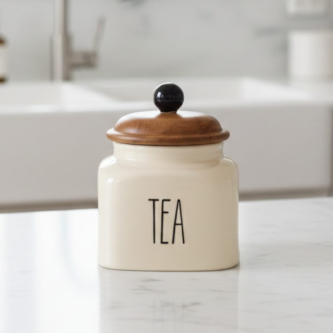 Ceramic Tea Jar Container Airtight Kitchen Storage– 600ml, Beige