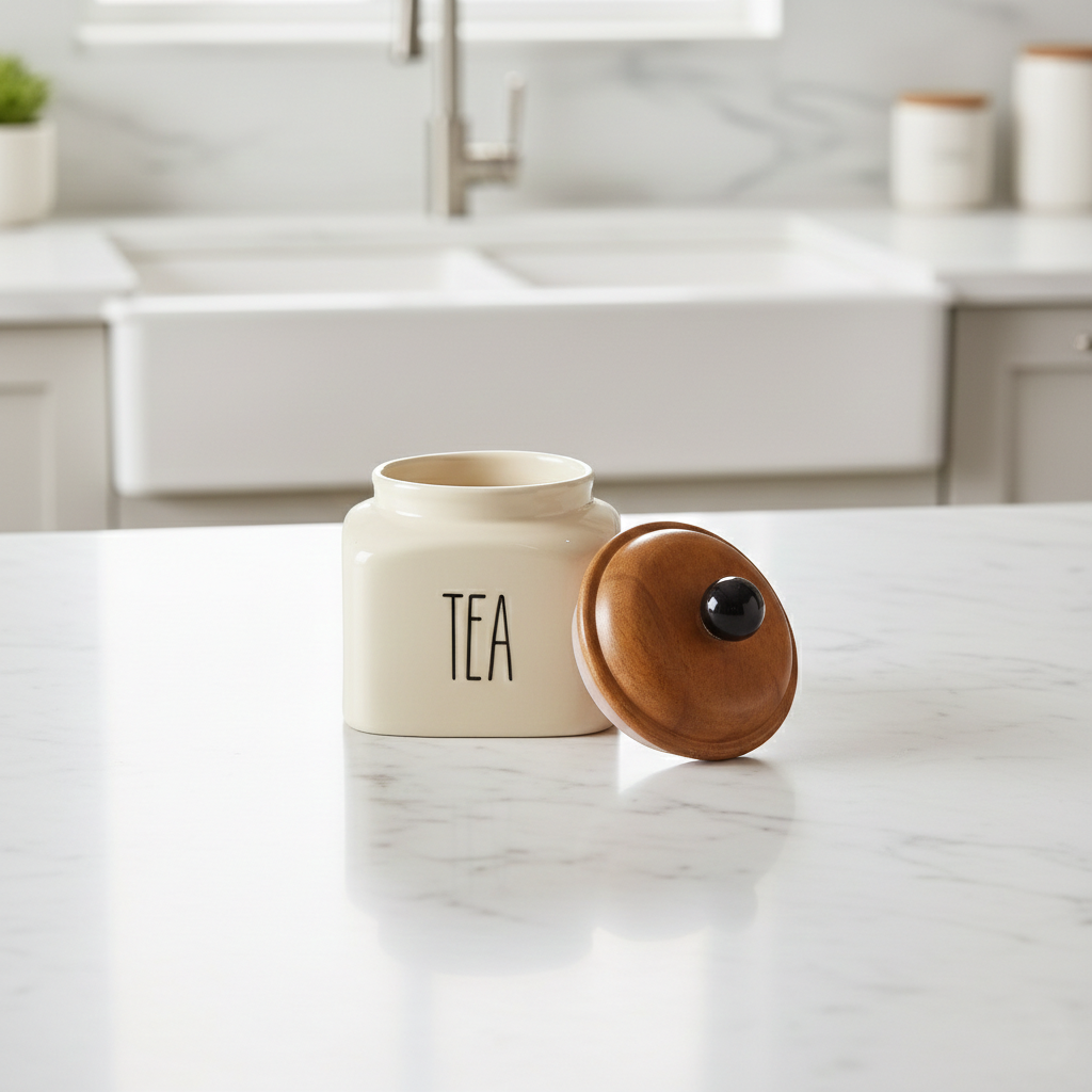 Ceramic Tea Jar Container Airtight Kitchen Storage– 600ml, Beige