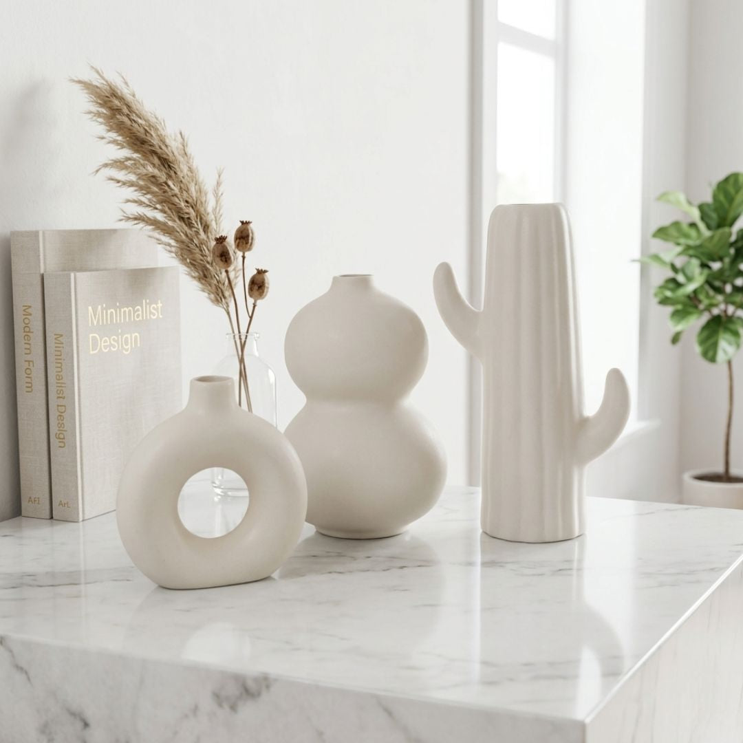 White Nordic Minimalist Ceramic Vase Set | Donut &amp; Abstract | Set of 3