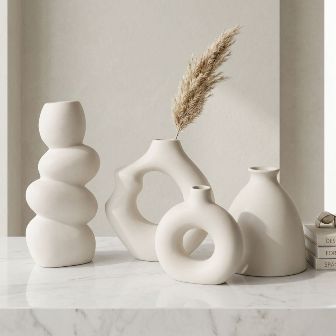 White Modern Nordic Sculptural Ceramic Vase Set | Set of 4
