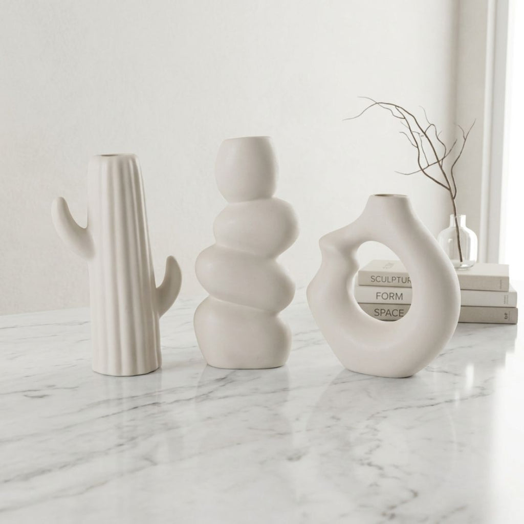 White Nordic Minimalist Ceramic Vase Set | Donut, Bubble &amp; Cactus | Set of 3