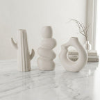 White Nordic Minimalist Ceramic Vase Set | Donut, Bubble &amp; Cactus | Set of 3