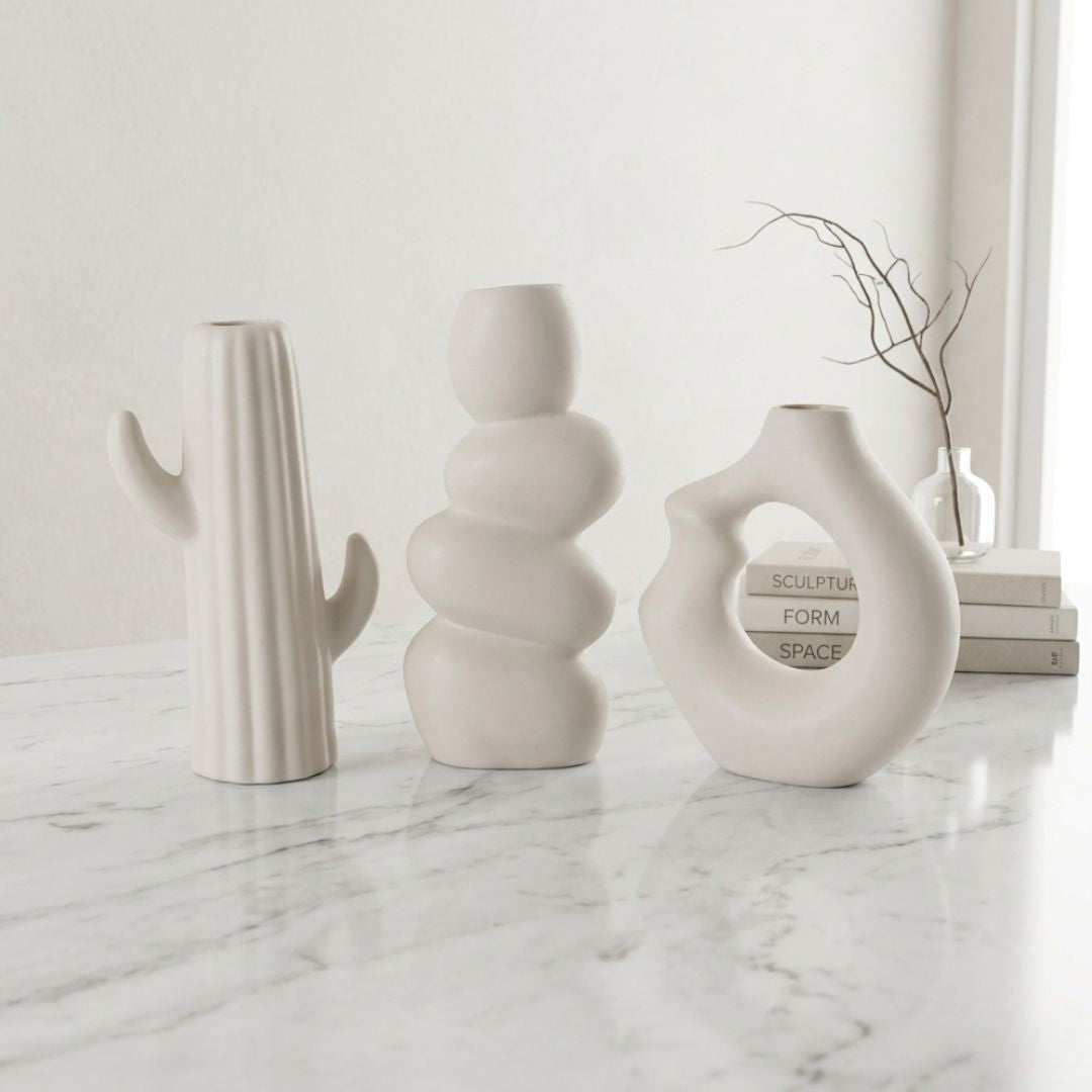 White Nordic Minimalist Ceramic Vase Set | Donut, Bubble &amp; Cactus | Set of 3