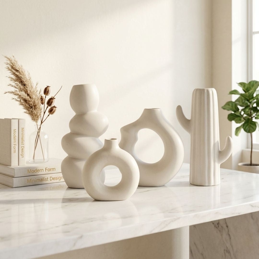 White Minimalist Ceramic Vase Set | Donut, Bubble &amp; Cactus | Set of 4