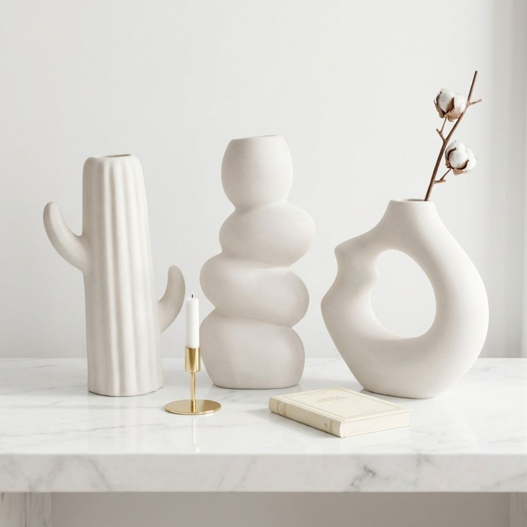 White Nordic Minimalist Ceramic Vase Set | Donut, Bubble &amp; Cactus | Set of 3