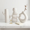 White Nordic Minimalist Ceramic Vase Set | Donut, Bubble &amp; Cactus | Set of 3